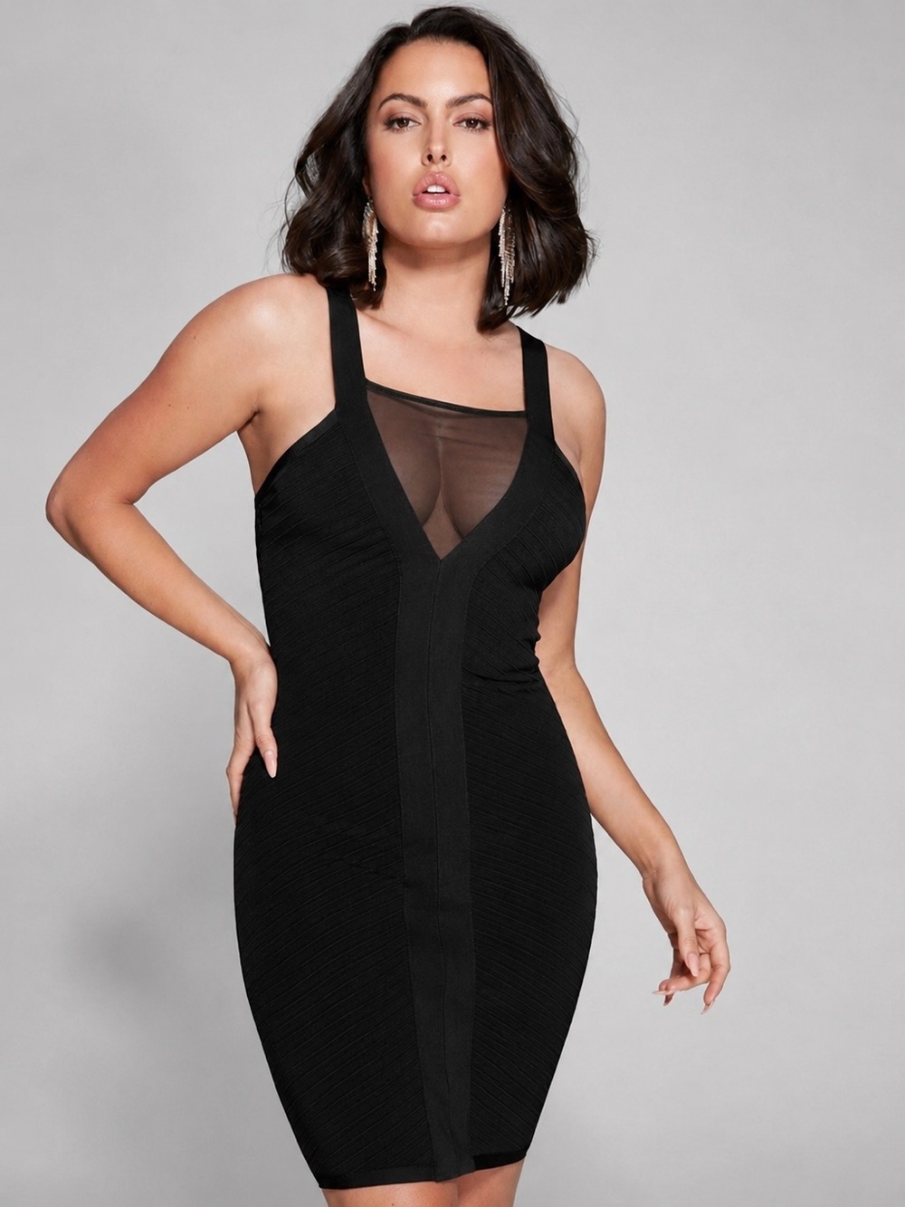 Marciano Guess Salma Bandage Dress XS Black Mesh V Neck Bodycon NWT